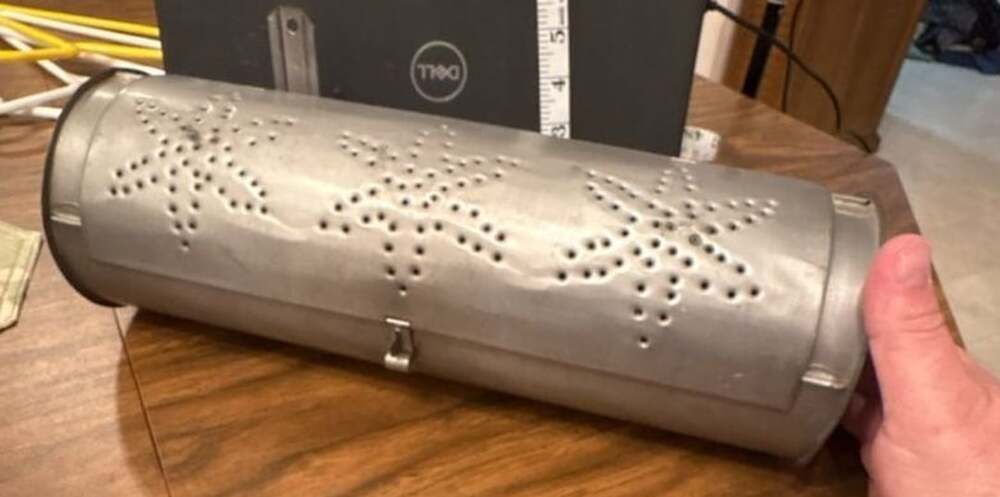Primitive Punched Tin Cylinder Candle Box Mailbox Hinged Star Starfish